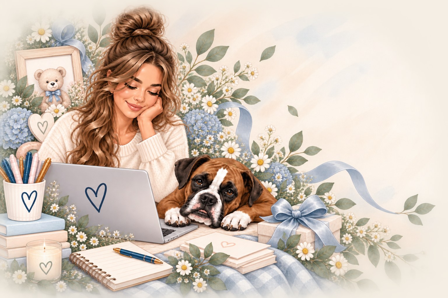 A woman at her desk with her boxer, surrounded by flowers, stationery, and a wrapped gift
